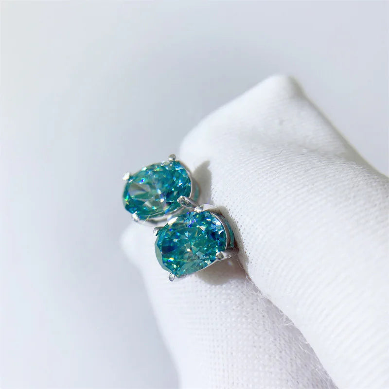 Irregular Blue-Green Oval Moissanite 925 Sterling Silver Earrings
