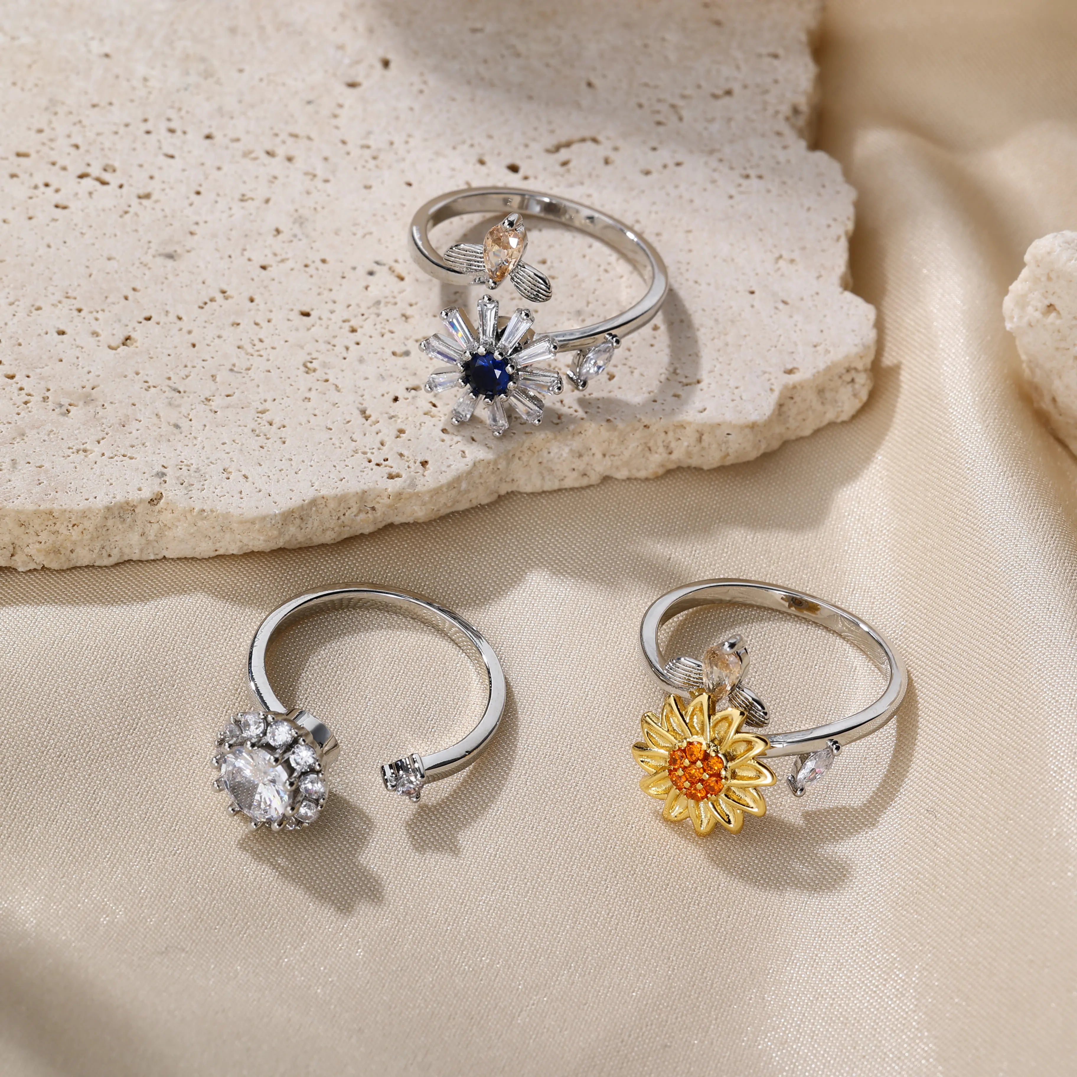 Fashion Sun Flower Dragonfly Adjustable Rotatable Rings