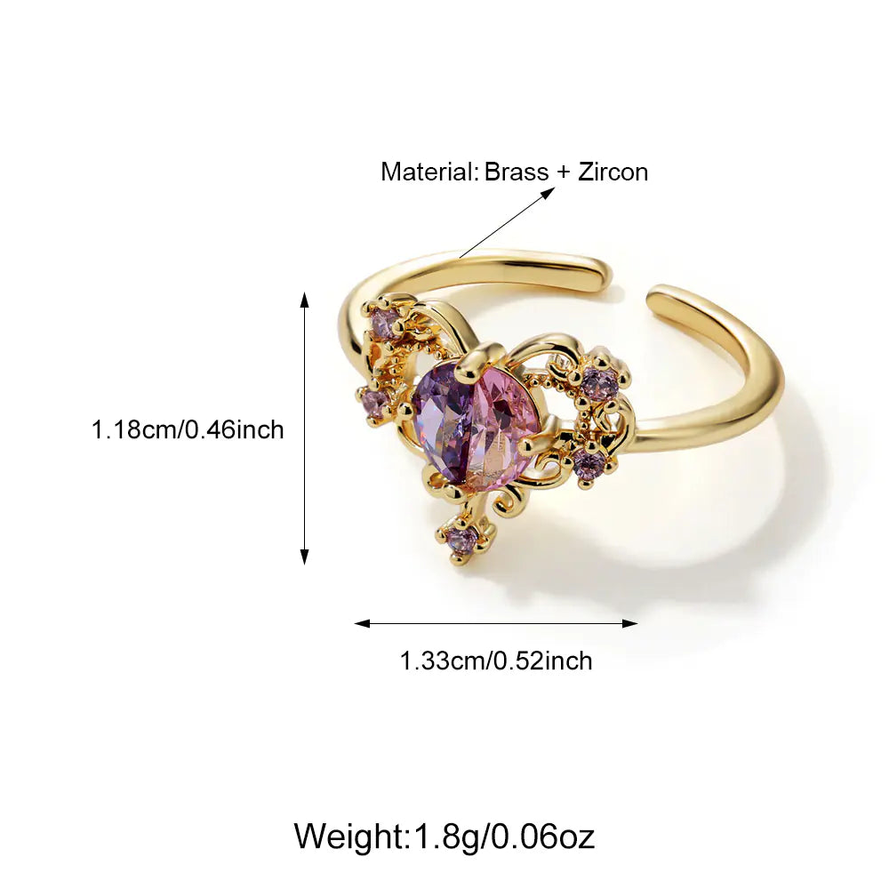 Retro Brass Iced Pink CZ Heart Adjustable Ring