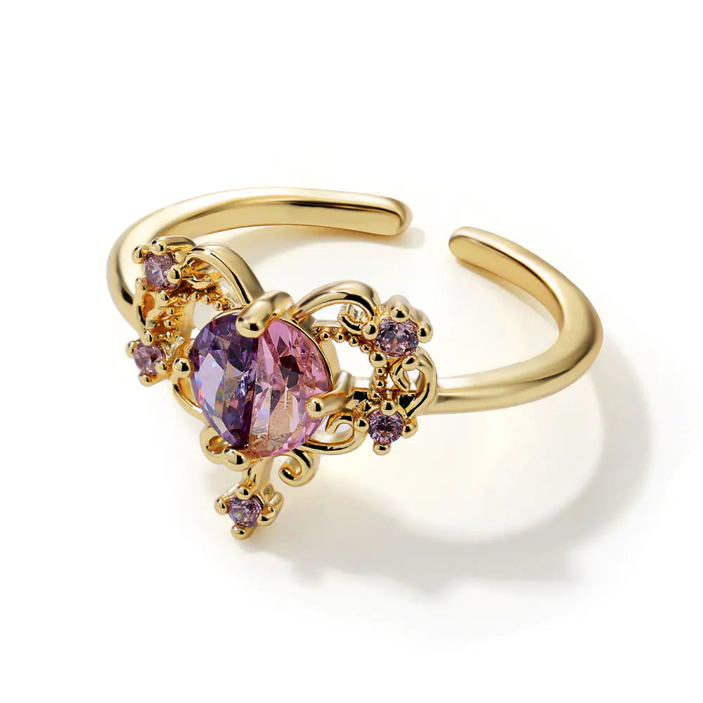 Retro Brass Iced Pink CZ Heart Adjustable Ring