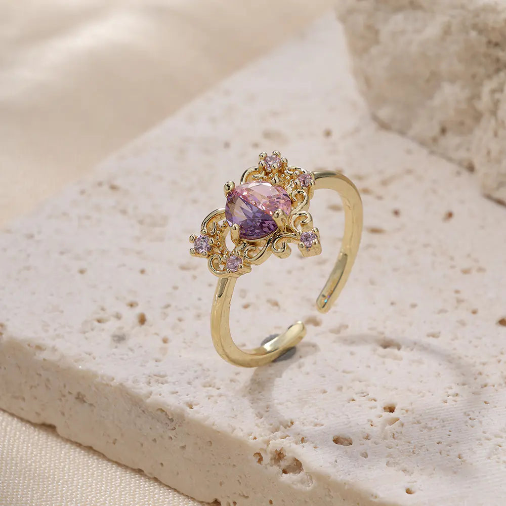Retro Brass Iced Pink CZ Heart Adjustable Ring