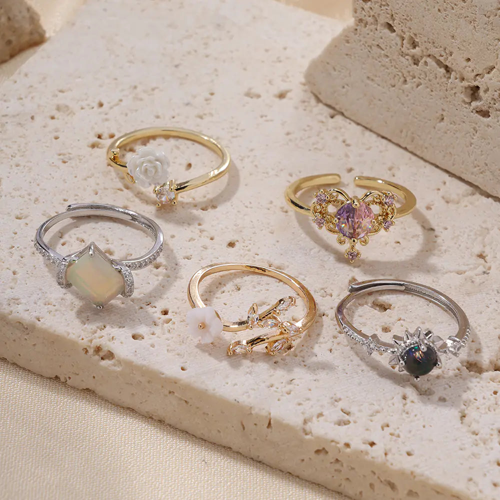 Retro Brass Iced Pink CZ Heart Adjustable Ring