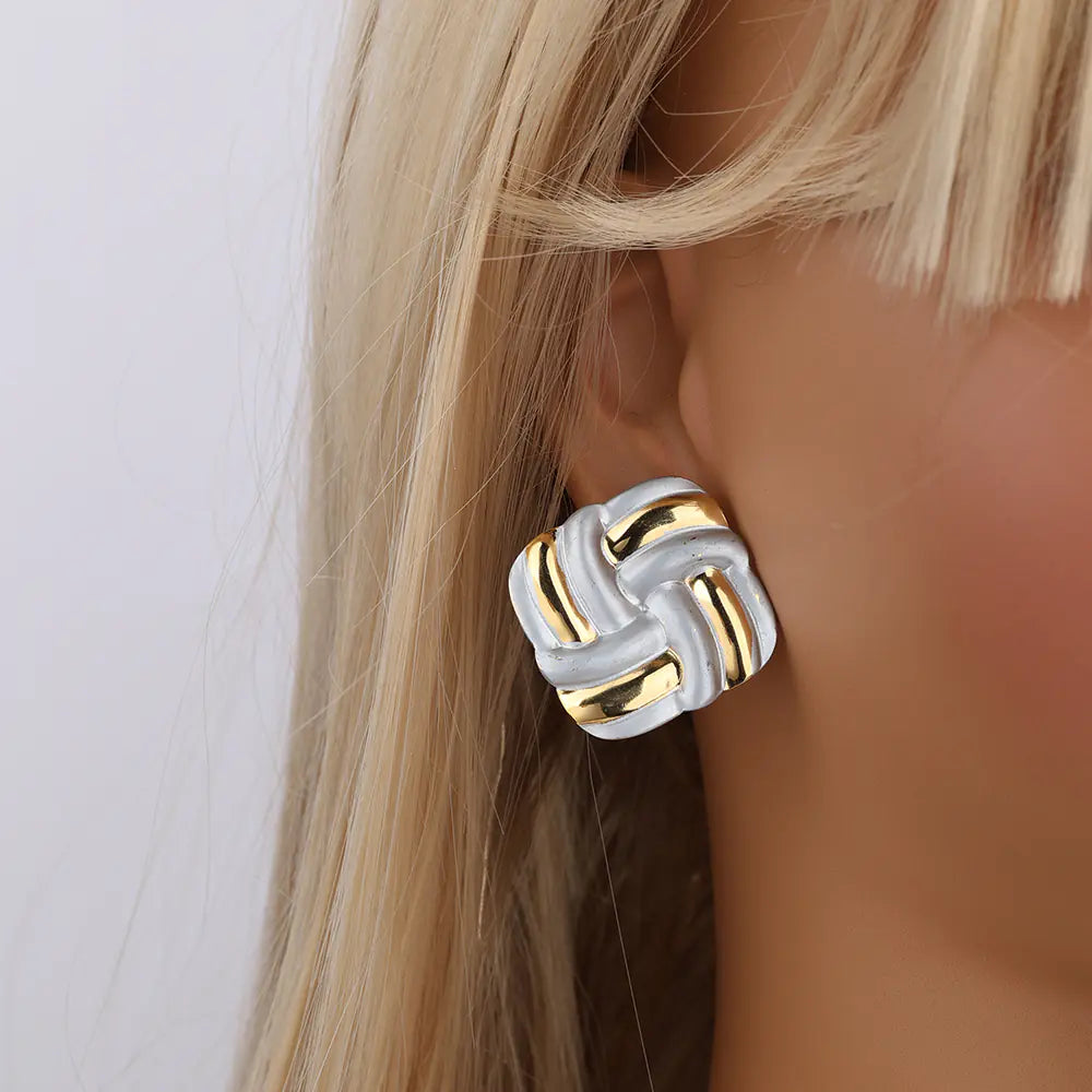 Stainless Steel Square Partten Two Tone Stud Earrings