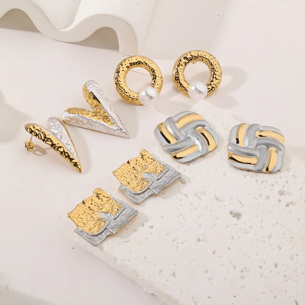 Stainless Steel Square Partten Two Tone Stud Earrings