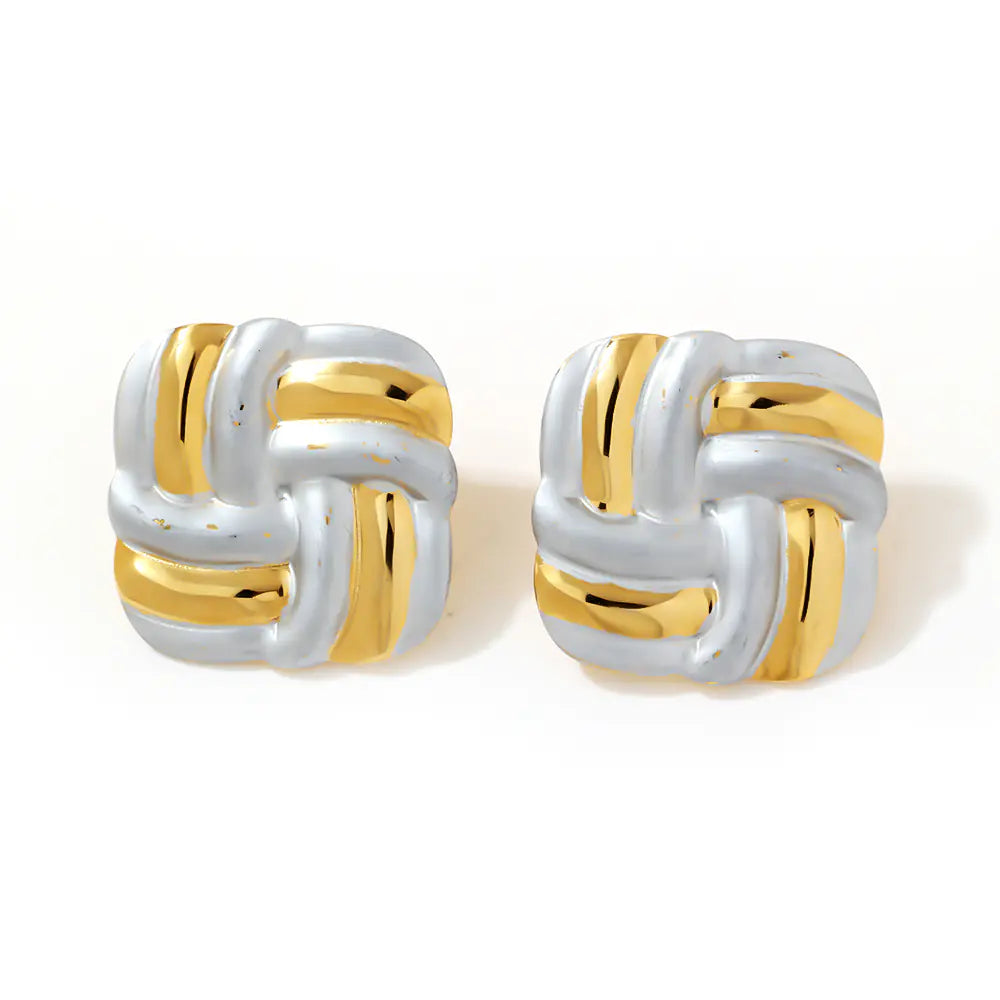 Stainless Steel Square Partten Two Tone Stud Earrings
