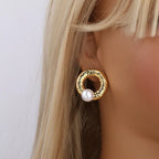 Stainless Steel Hammer Marks Circle Pearl Stud Earrings