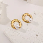 Stainless Steel Hammer Marks Circle Pearl Stud Earrings