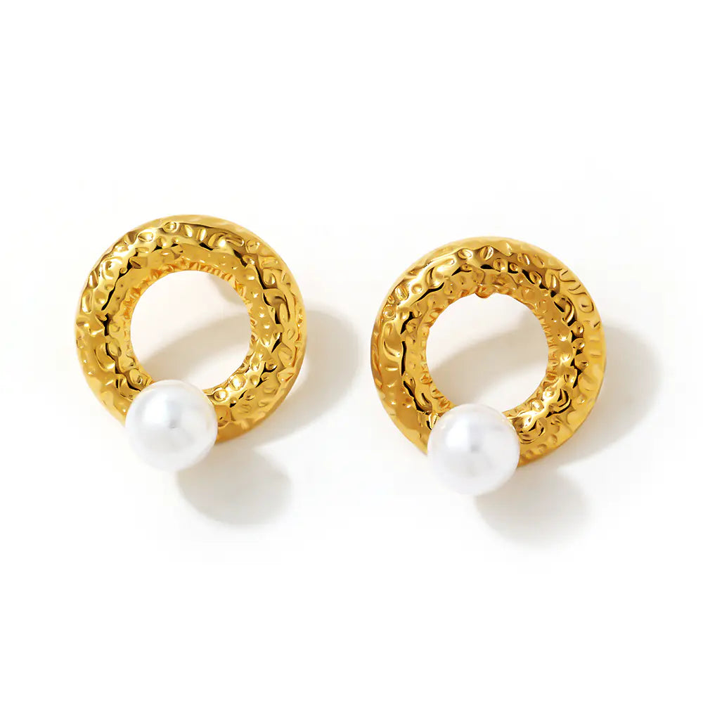 Stainless Steel Hammer Marks Circle Pearl Stud Earrings