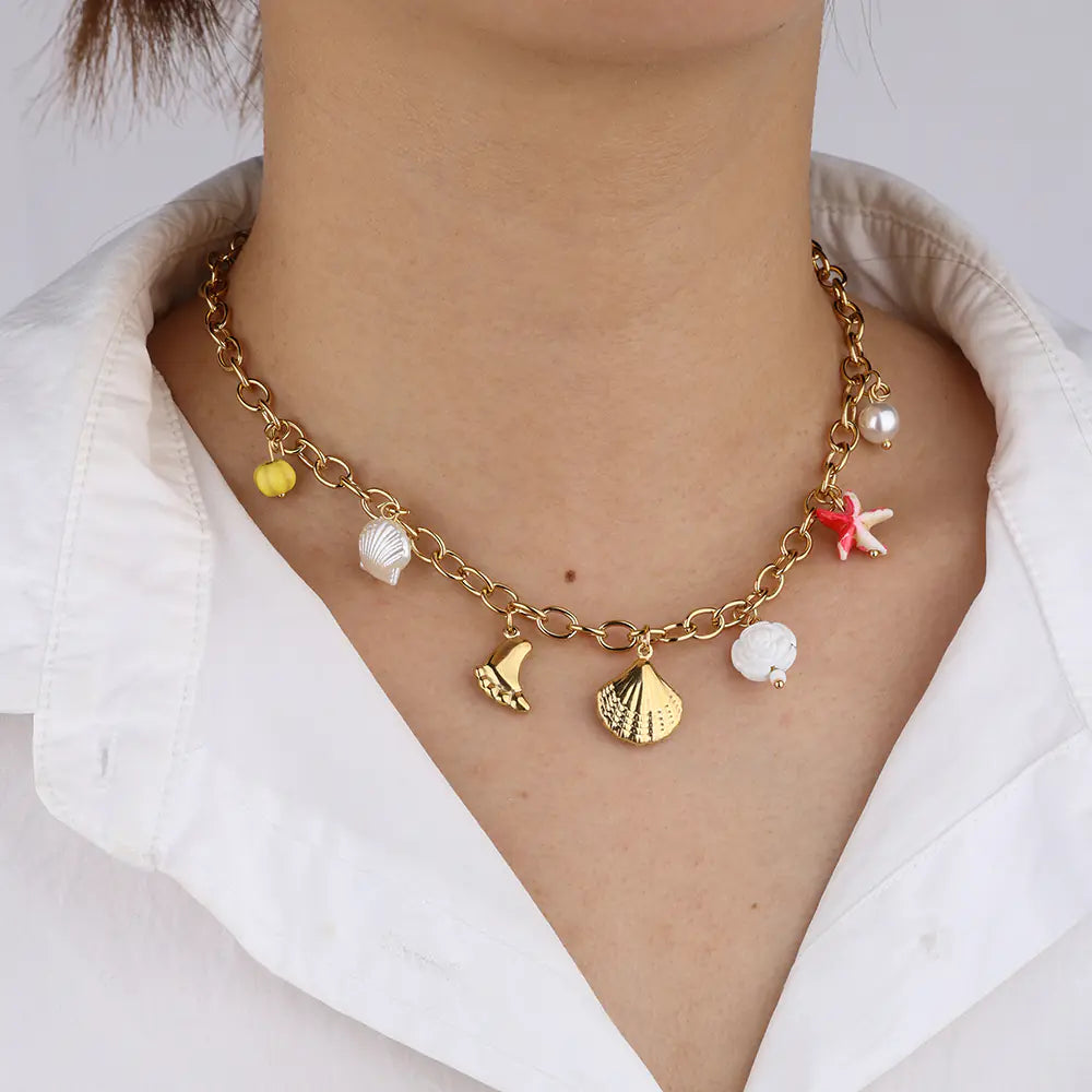 18K Gold Stainless Steel Multi Marine Pendant Necklace