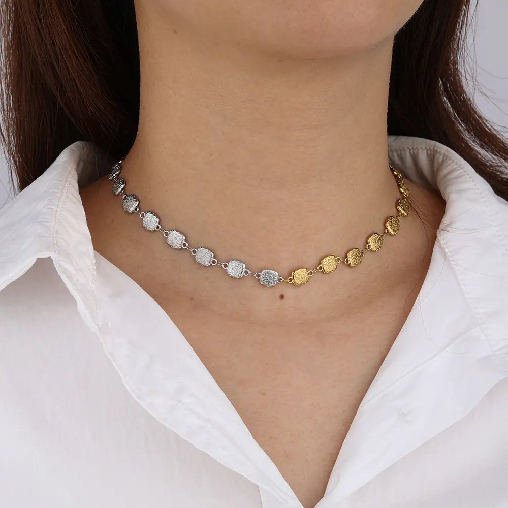 Stainless Steel Two Tone Square Pattern Choker