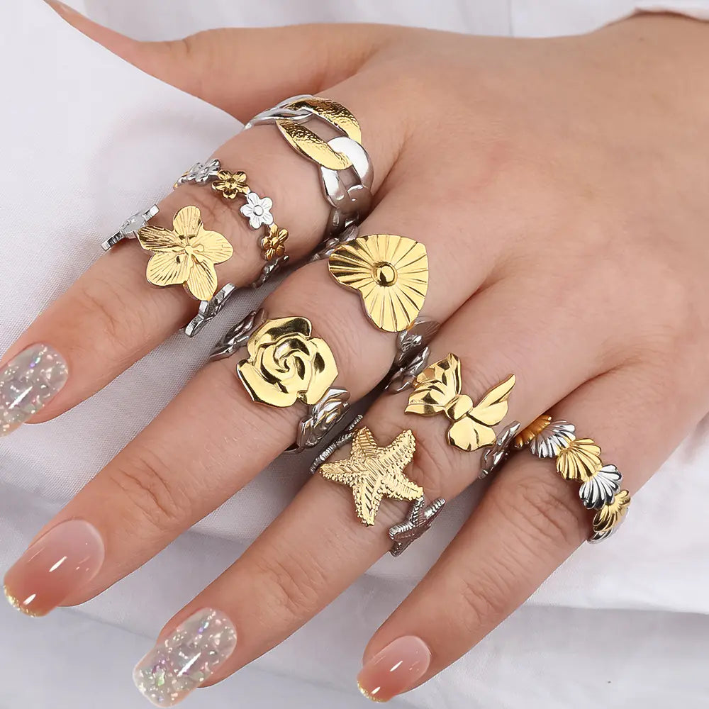 Hot Stainless Steel Two Tone Shell Ocean Adjustable Ring