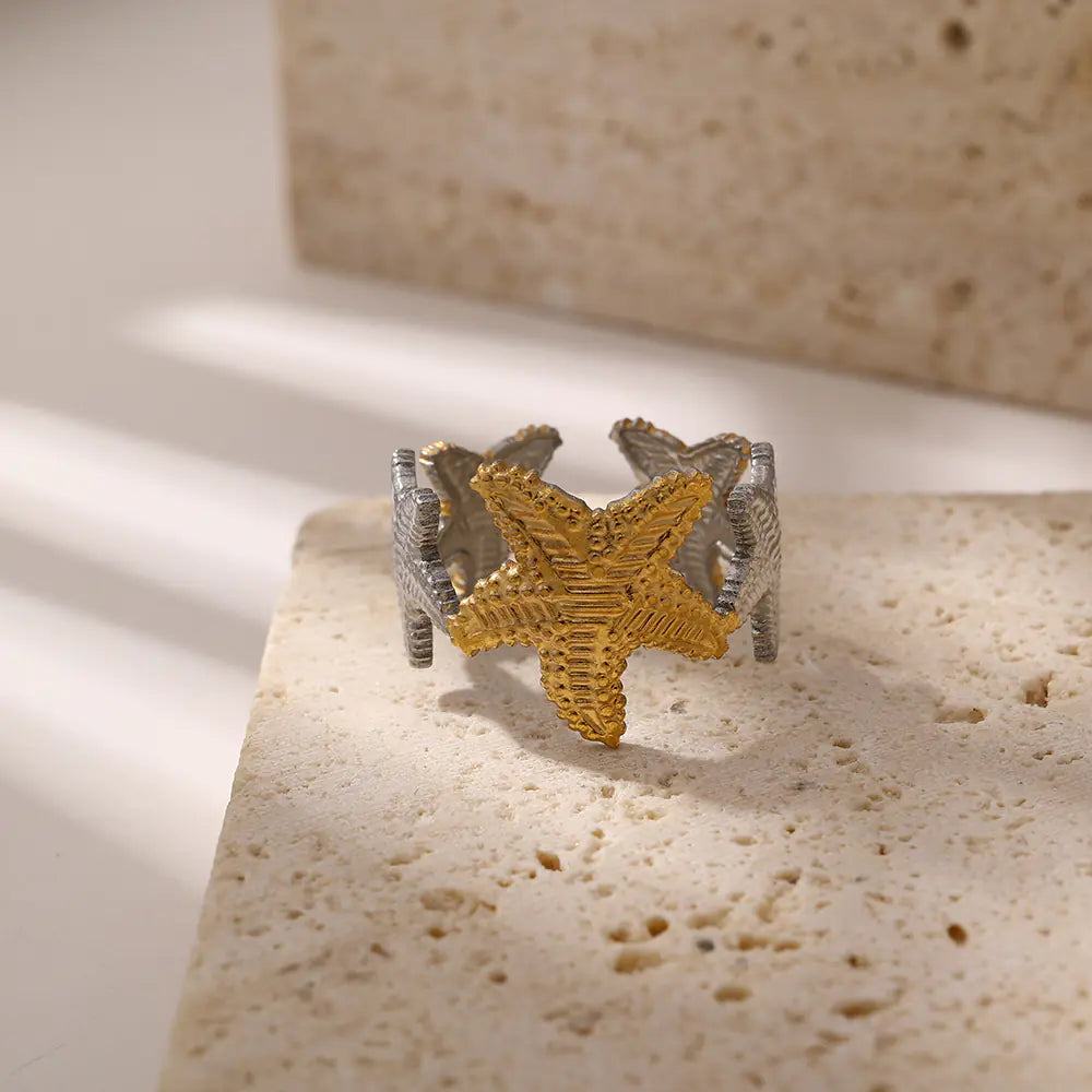 Stainless Steel Two Tone Starfish Ocean Adjustable Ring