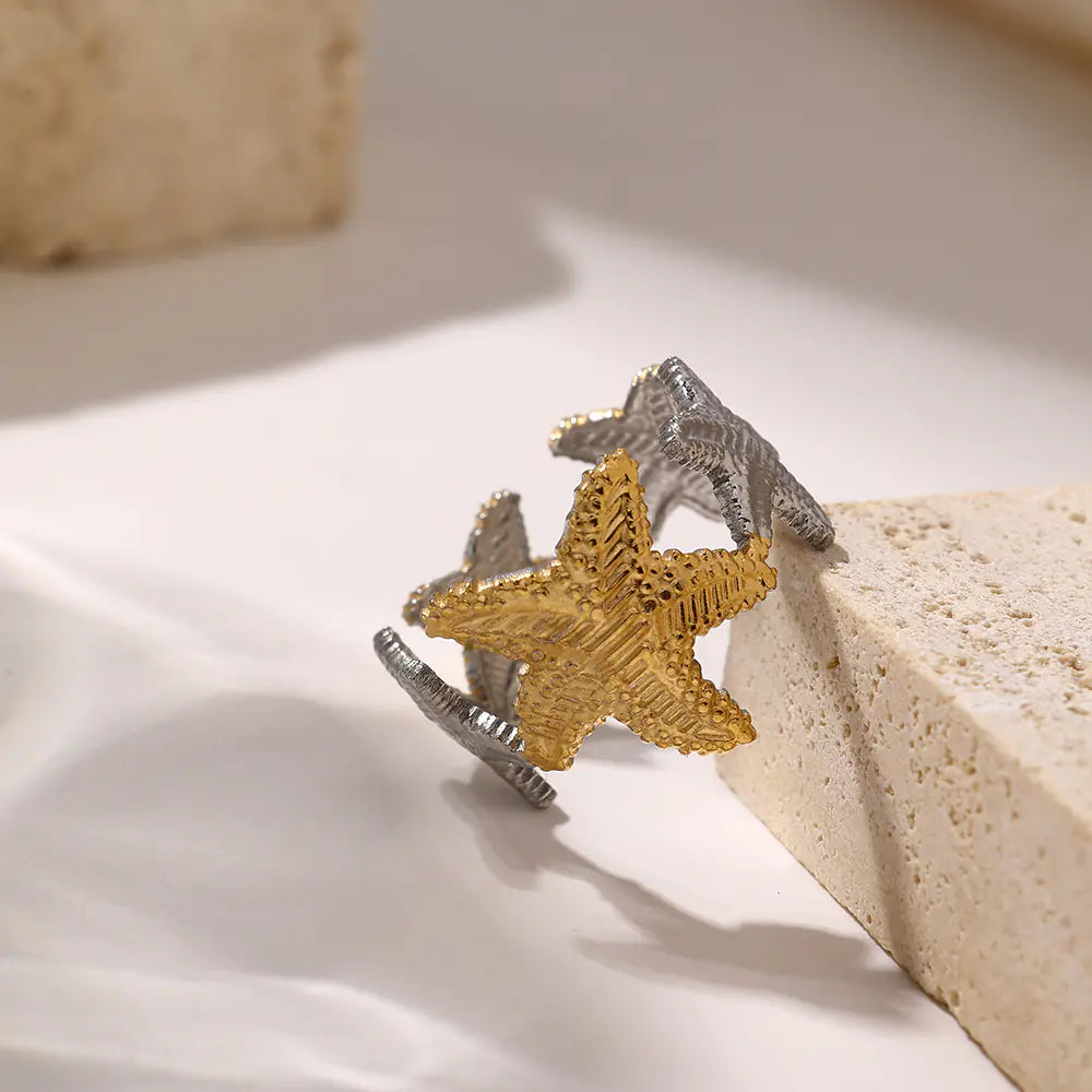 Stainless Steel Two Tone Starfish Ocean Adjustable Ring