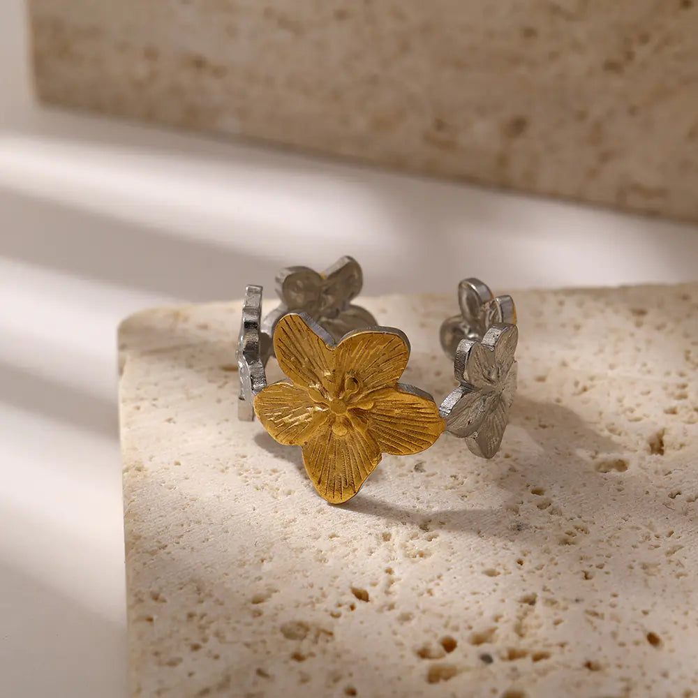 Stainless Steel Two Tone Flower Adjustable Ring