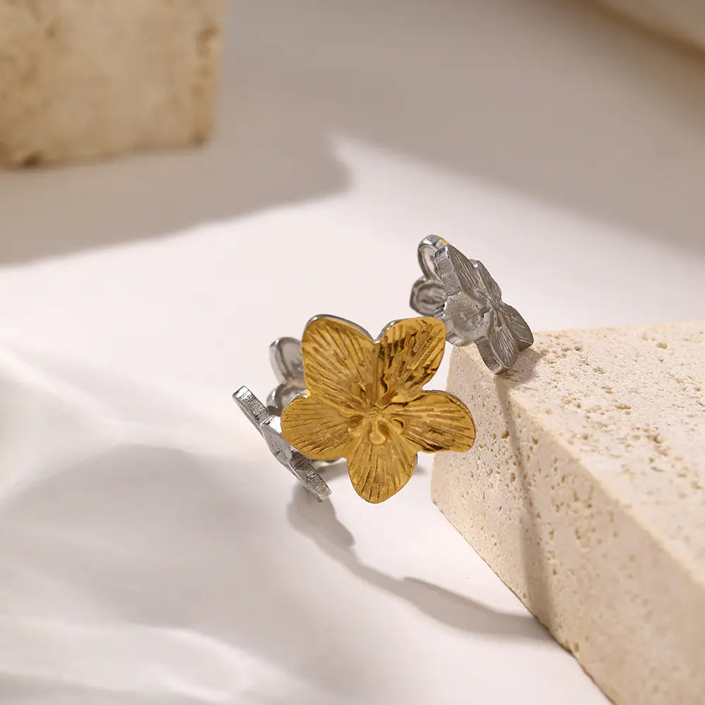Stainless Steel Two Tone Flower Adjustable Ring