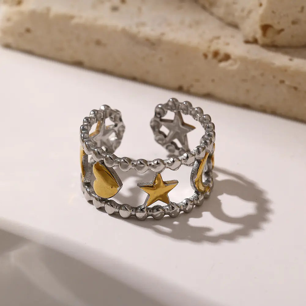 Stainless Steel Star Moon Heart Bead Opening Ring