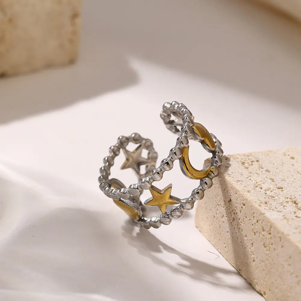 Stainless Steel Star Moon Heart Bead Opening Ring