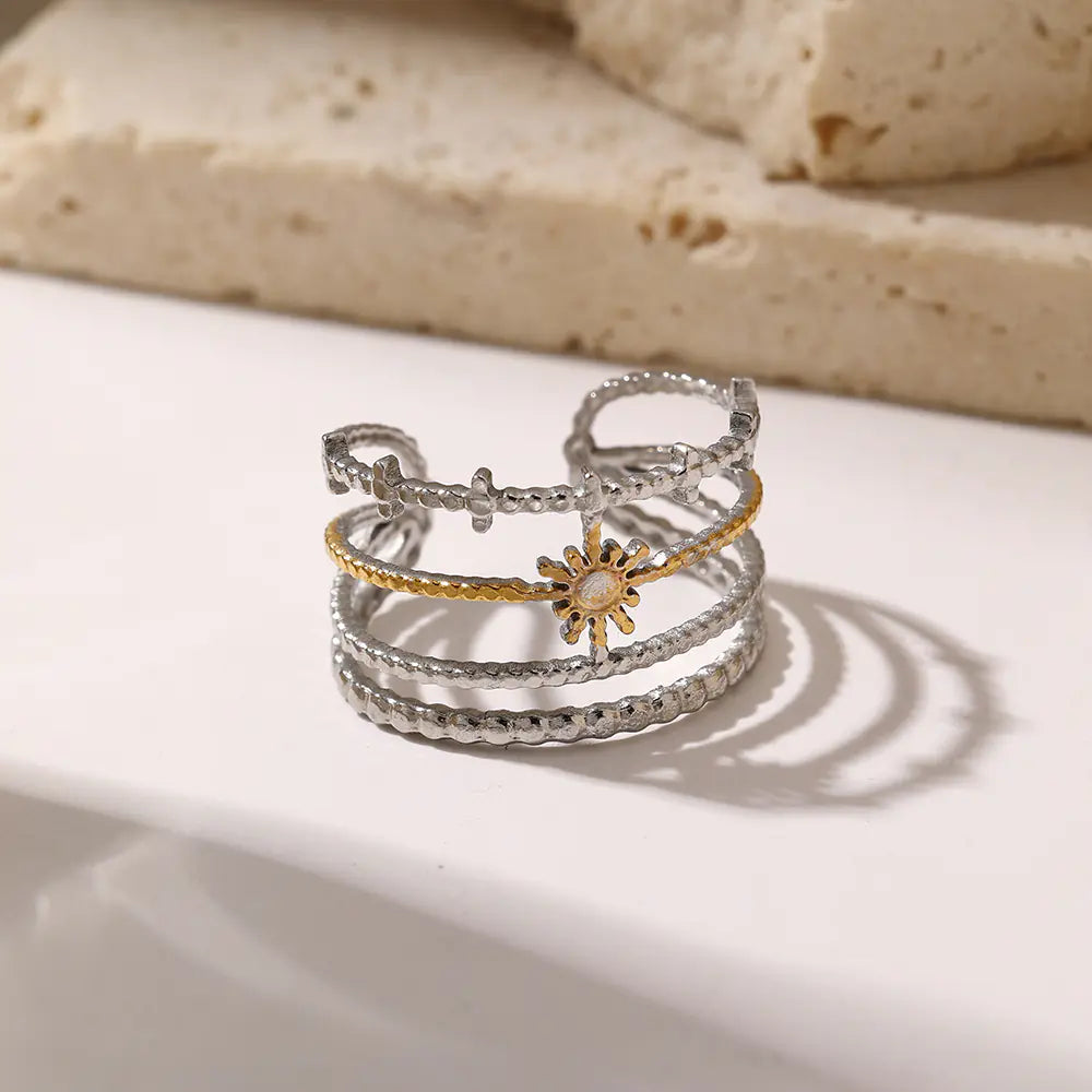 Stainless Steel Two Tone Four Line Sun Adjustable Ring