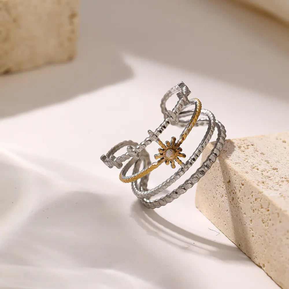Stainless Steel Two Tone Four Line Sun Adjustable Ring