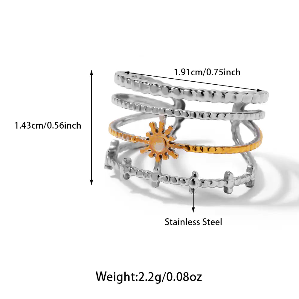 Stainless Steel Two Tone Four Line Sun Adjustable Ring