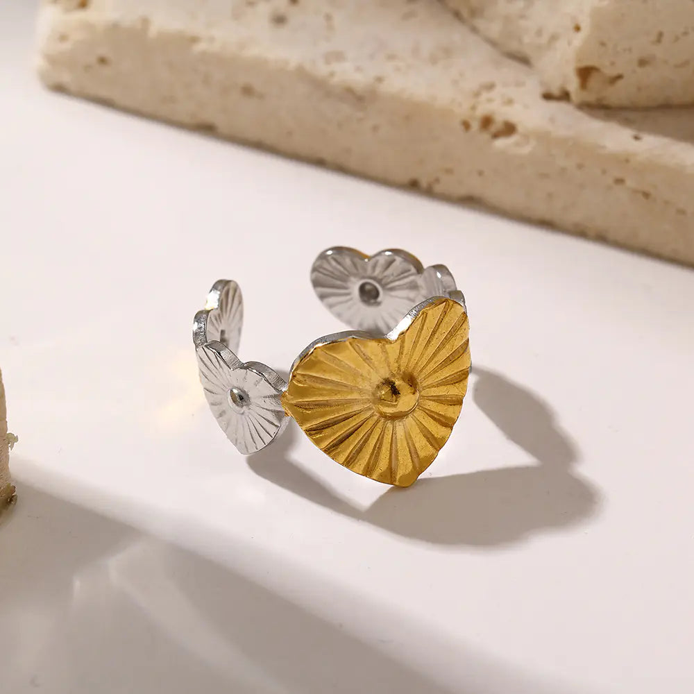Stainless Steel Two Tone Striped Heart Adjustable Ring