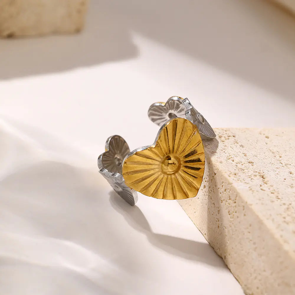 Stainless Steel Two Tone Striped Heart Adjustable Ring