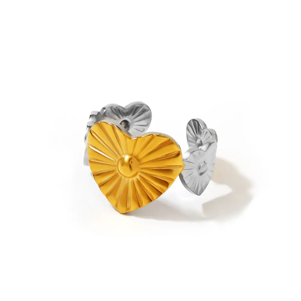 Stainless Steel Two Tone Striped Heart Adjustable Ring