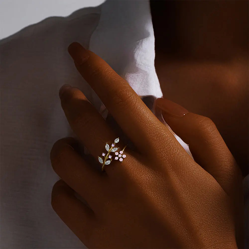S925 leaf flower marquise CZ ring