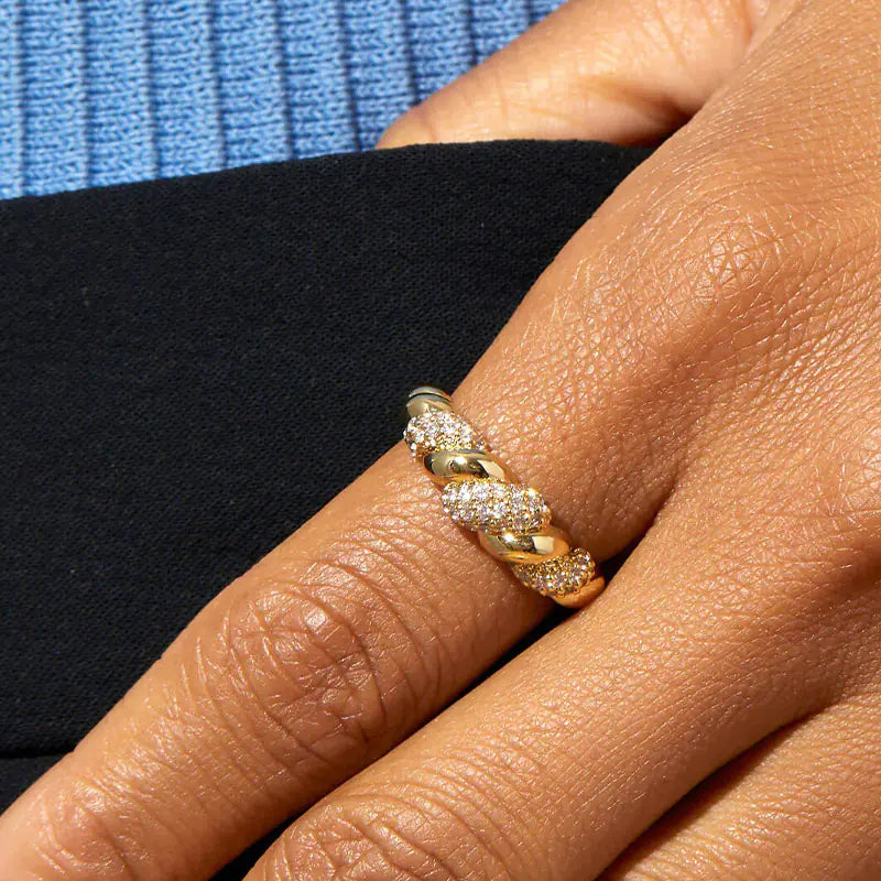 Hot Brass Iced Out CZ Rope Croissant Ring