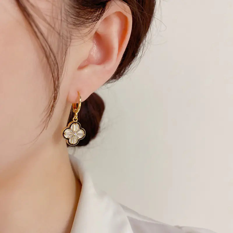 Brass CZ Clover Hoop Earrings