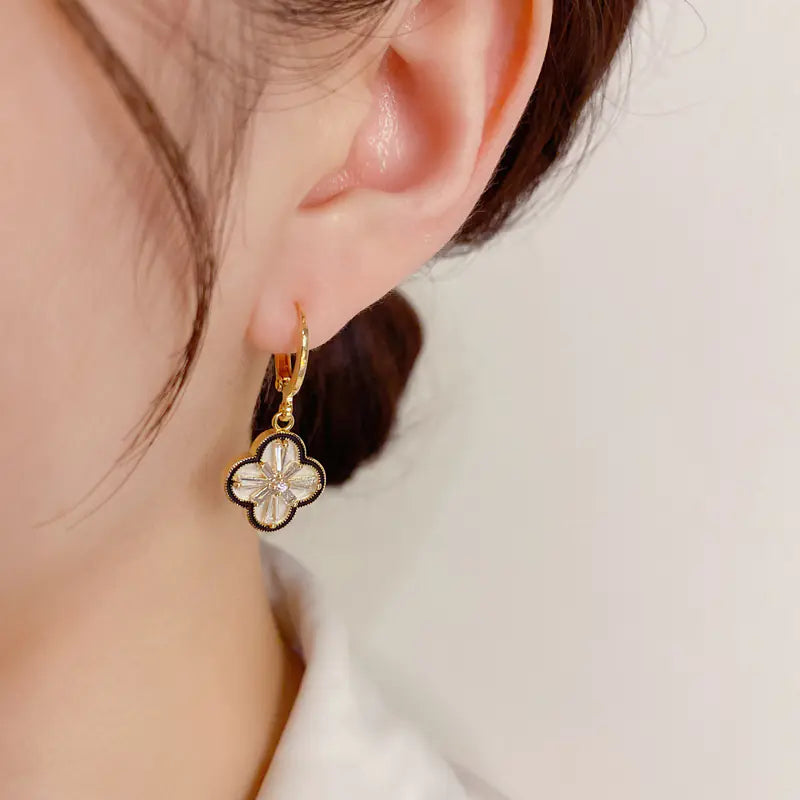 Brass CZ Clover Hoop Earrings