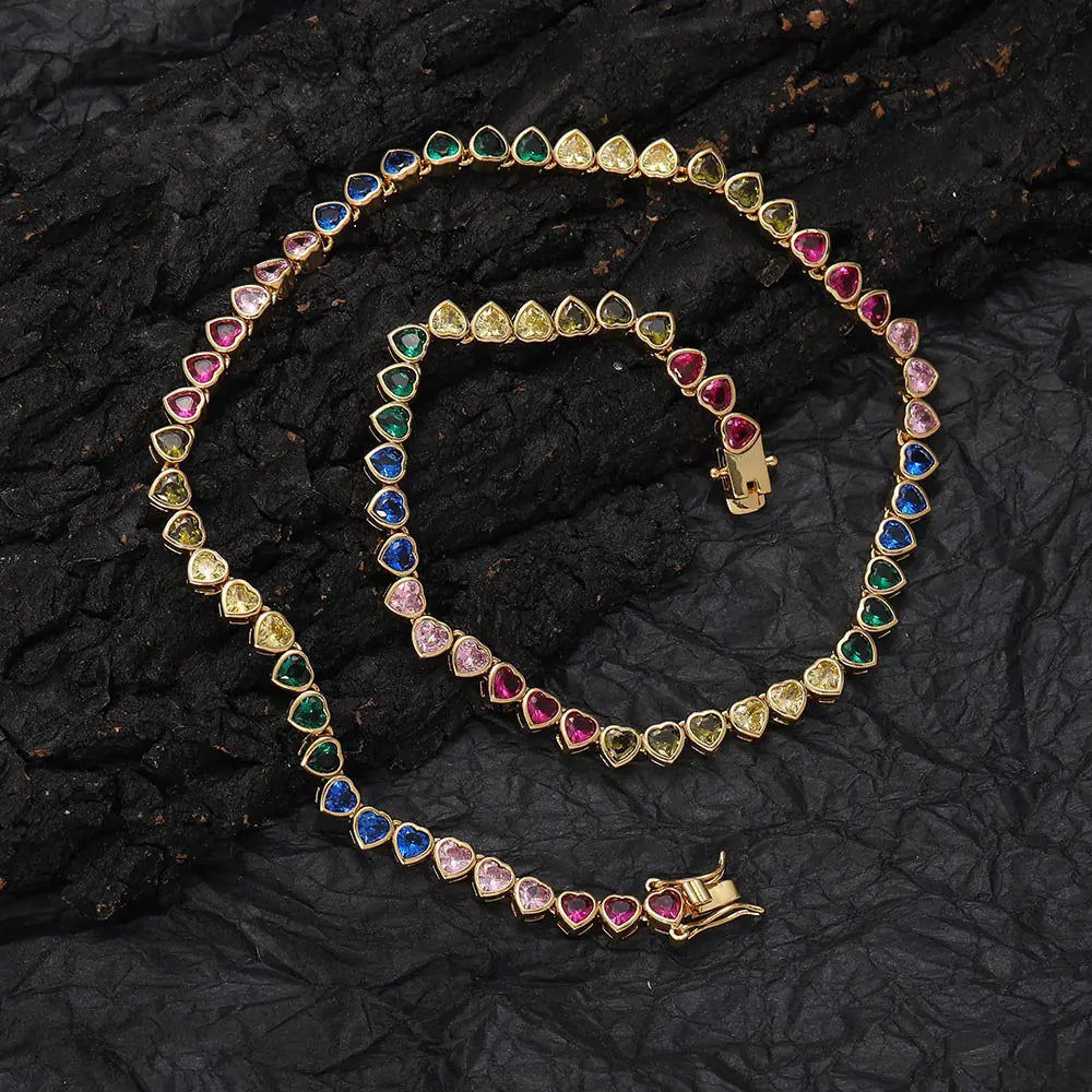 4mm Brass Colorful CZ Rainbow Heart Necklace
