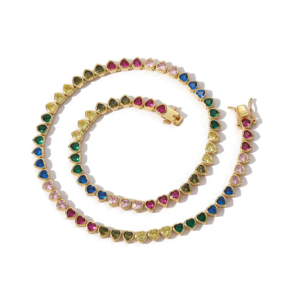 4mm Brass Colorful CZ Rainbow Heart Necklace