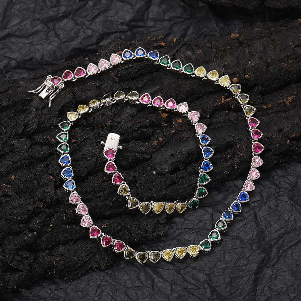 4mm Brass Colorful CZ Rainbow Heart Necklace