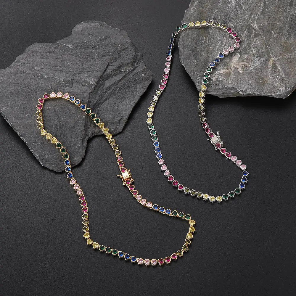 4mm Brass Colorful CZ Rainbow Heart Necklace
