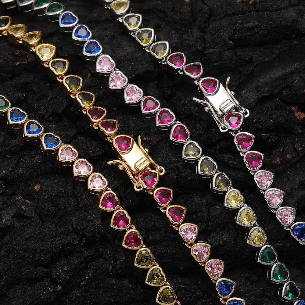4mm Brass Colorful CZ Rainbow Heart Necklace