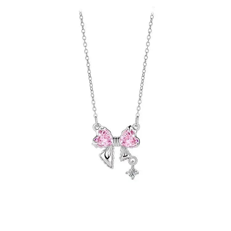 Brass Pink Zirconia Bow Necklace