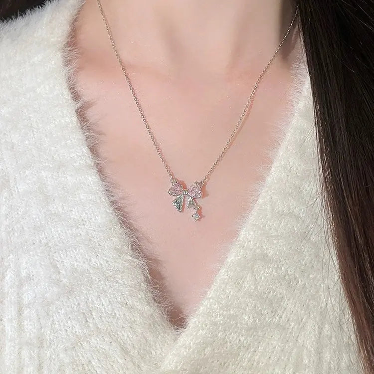 Brass Pink Zirconia Bow Necklace