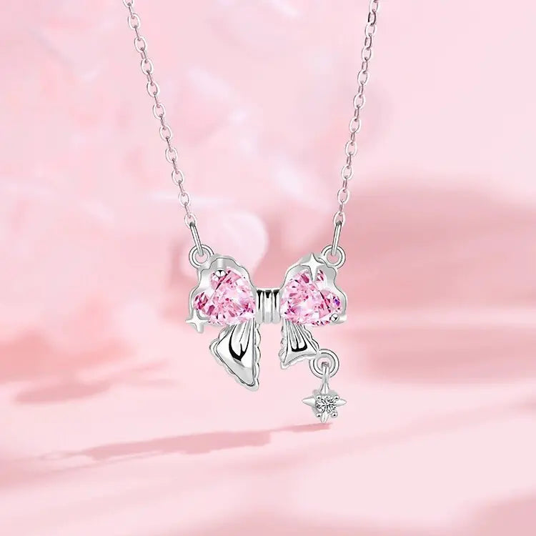Brass Pink Zirconia Bow Necklace
