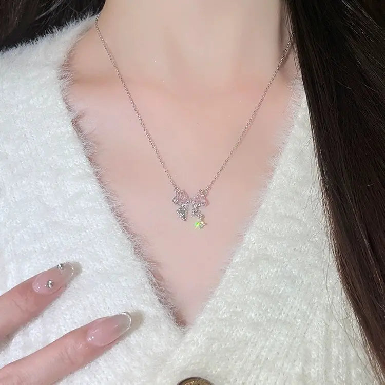 Brass Pink Zirconia Bow Necklace