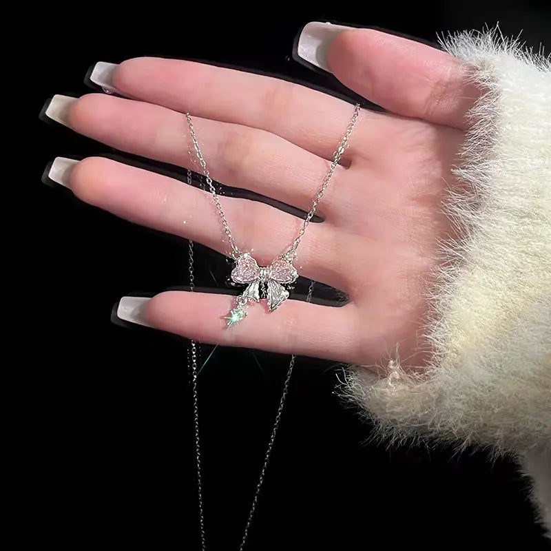 Brass Pink Zirconia Bow Necklace