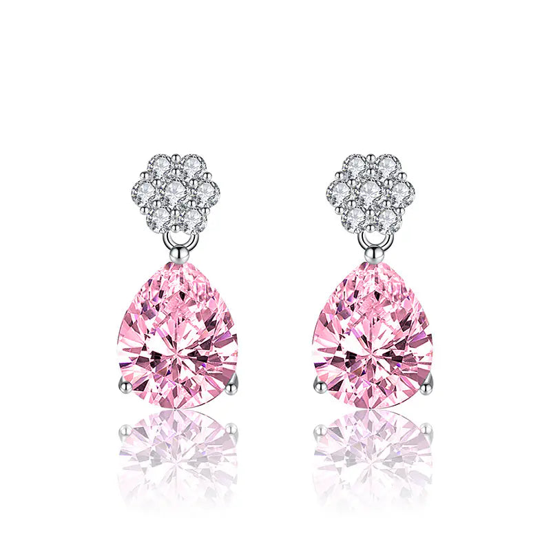 17mm Brass Colorful CZ Flower Pear Stud Earrings