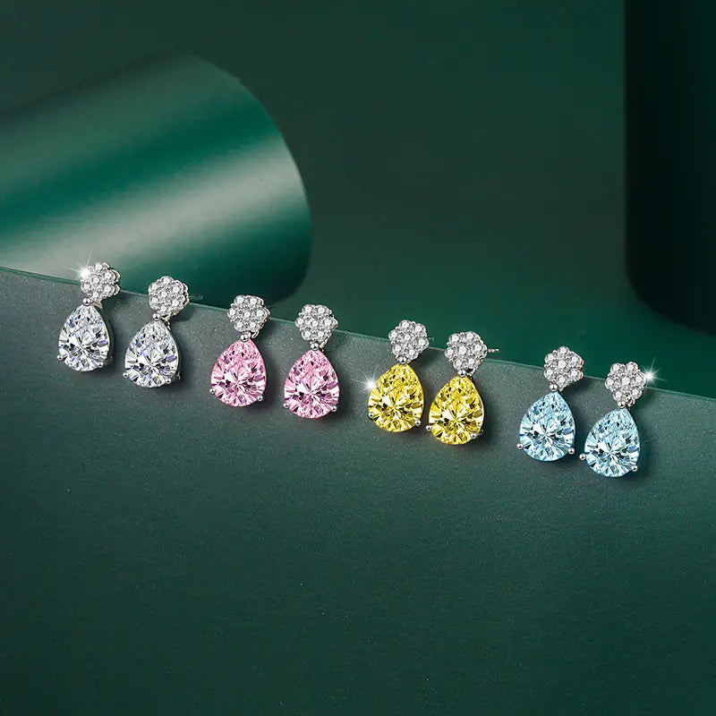 17mm Brass Colorful CZ Flower Pear Stud Earrings