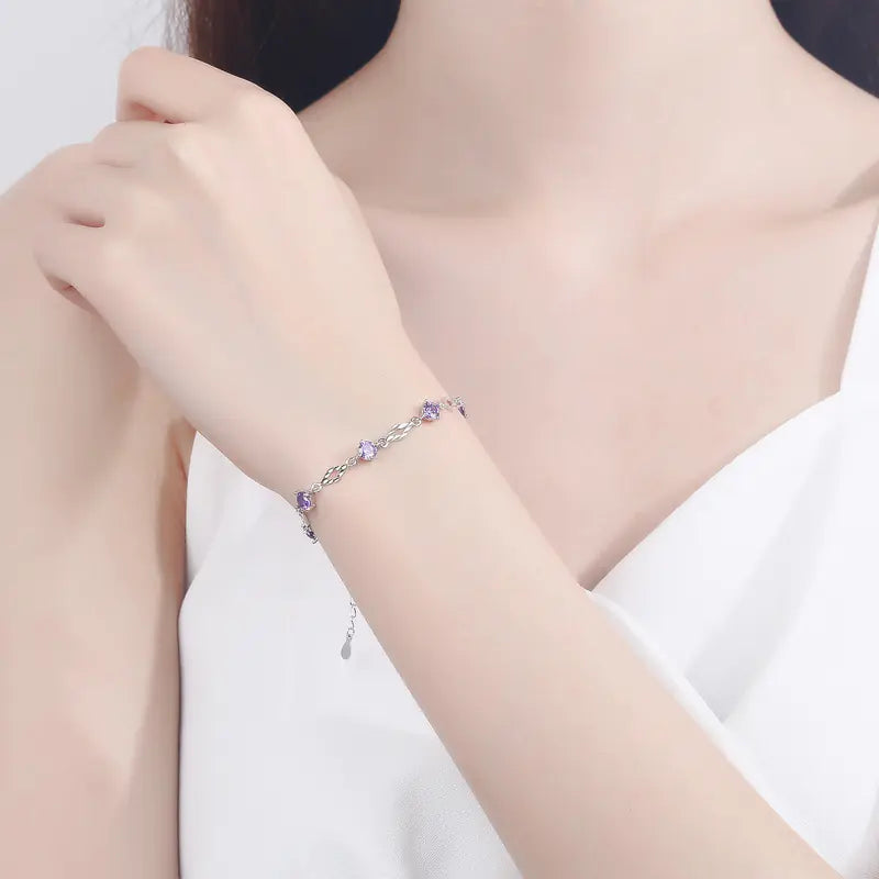 Fashion 925 Silver Purple CZ Diamond Shape Bracelet