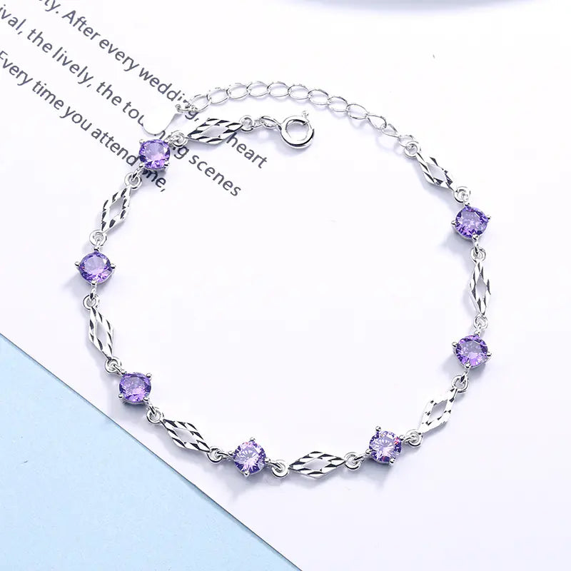 Fashion 925 Silver Purple CZ Diamond Shape Bracelet