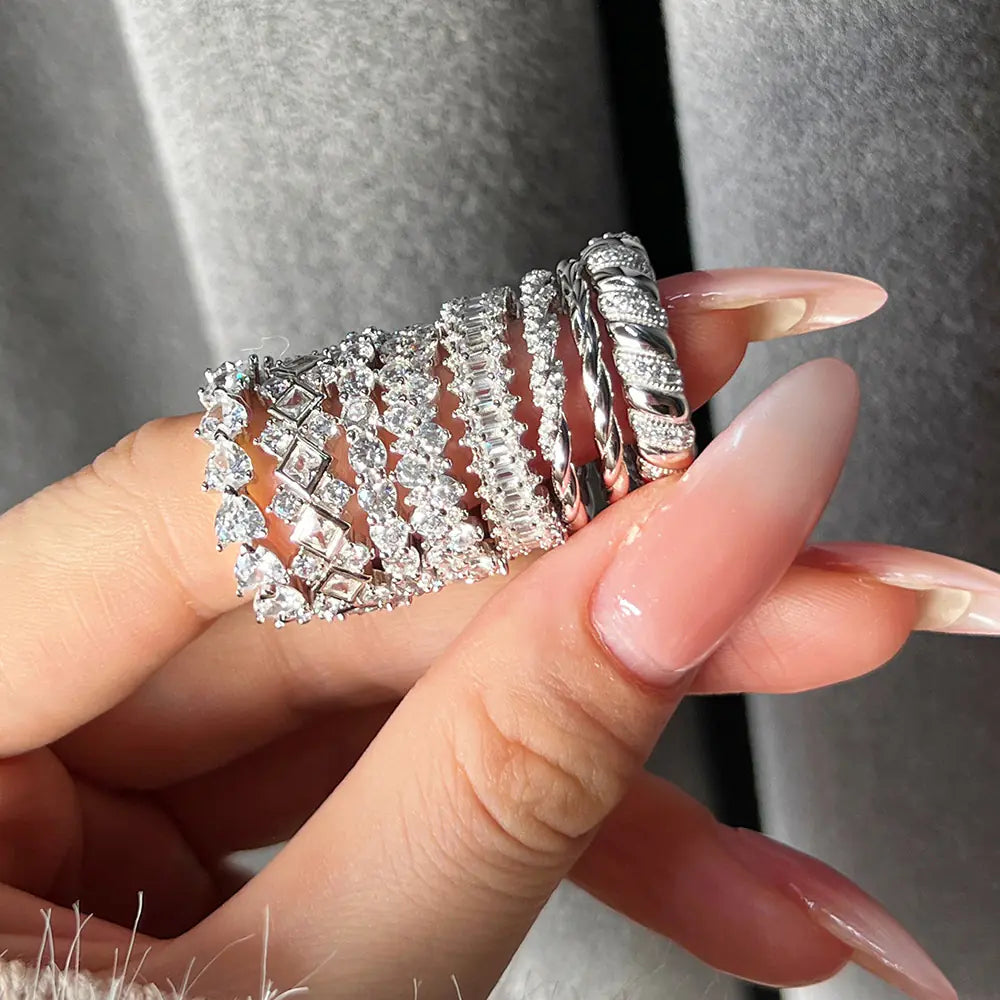 925 Silver Polished Iced Staggered Ring