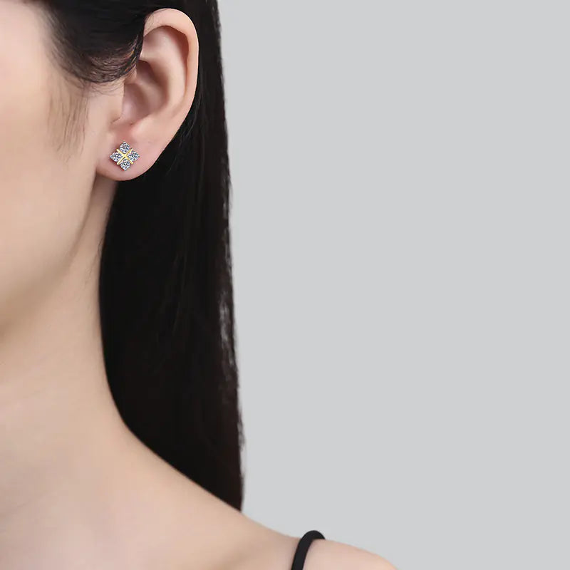 925 Silver Moissanite Two Tone X Square Stud Earrings