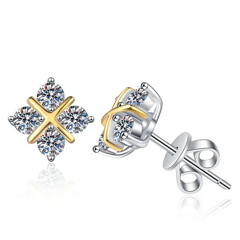 925 Silver Moissanite Two Tone X Square Stud Earrings