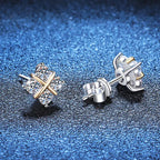 925 Silver Moissanite Two Tone X Square Stud Earrings