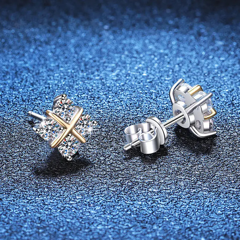 925 Silver Moissanite Two Tone X Square Stud Earrings